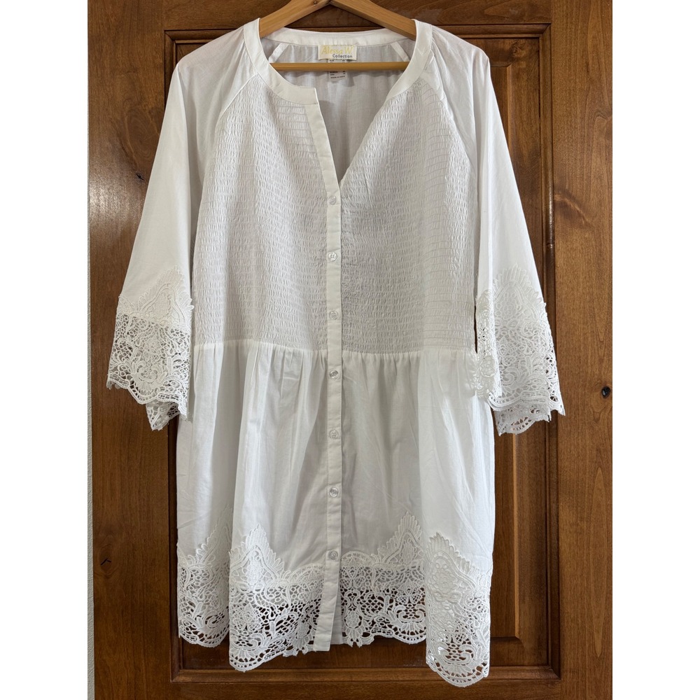 Alessa W Collection White Cotton Lace Trim Smocked Tunic Top Womens Size 16